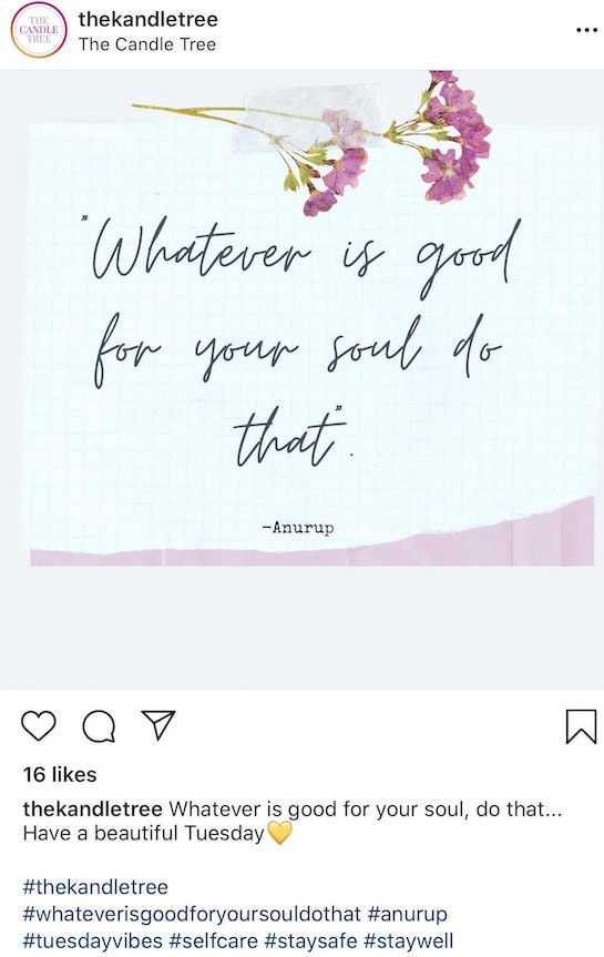 Instagram post where the photo is a quote reading 'Whatever is good for your soul do that - Anurup' and the quote's text is also typed in the post.